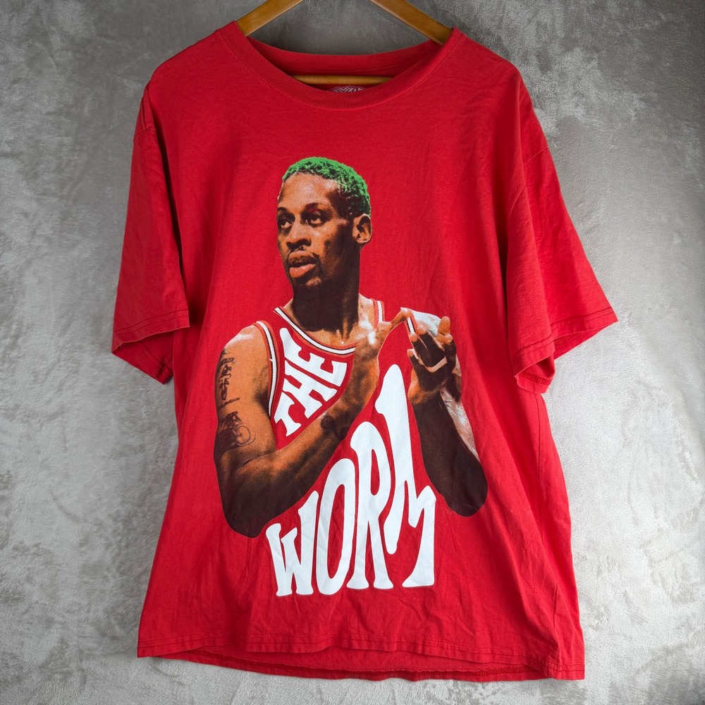 vintage Rodman The Worm Graphic T-Shirt Mens XL Red Short Sleeve Basketball Tee
